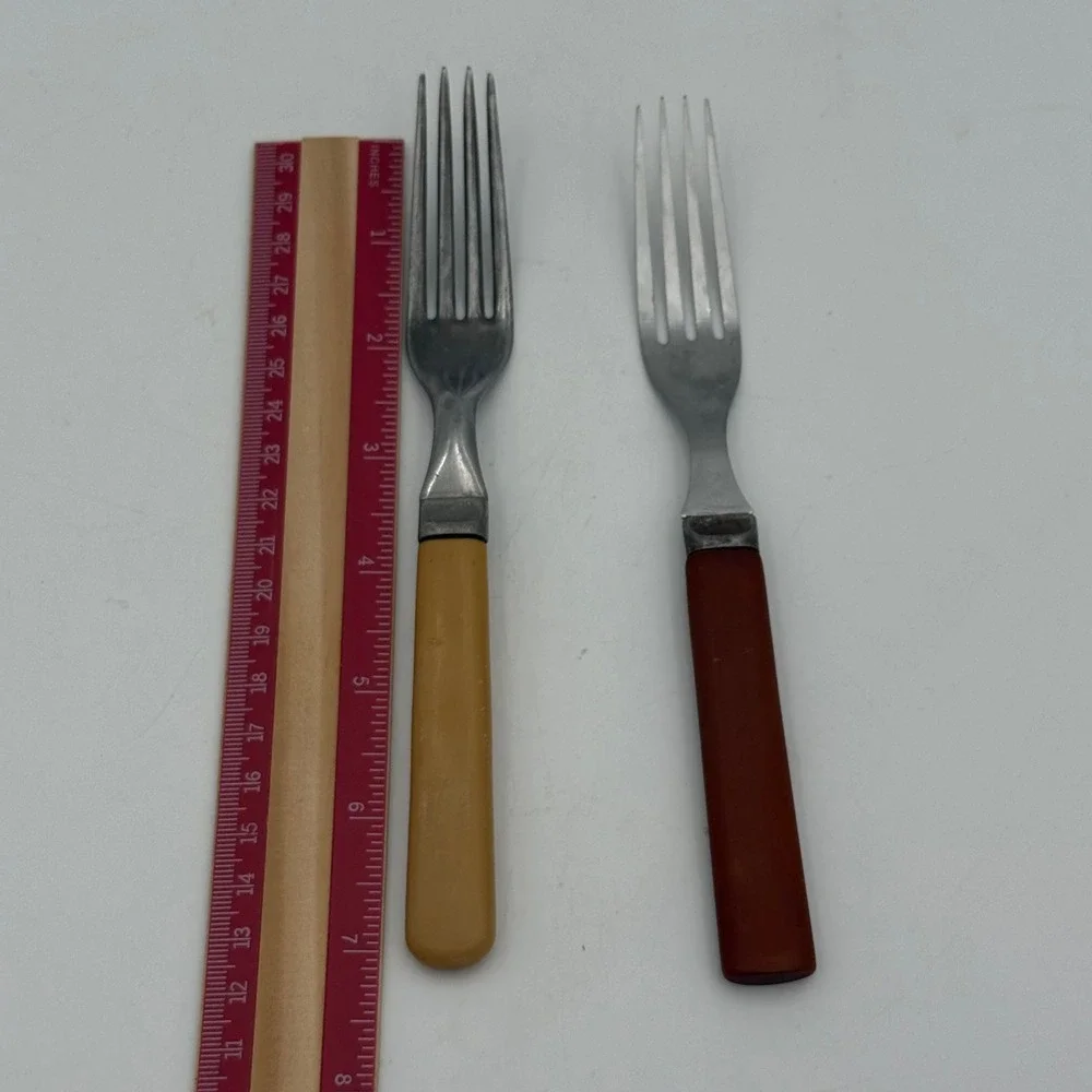 Vintage Possible Bakelite Dinner Forks Stainless Steel Yellow Brown Retro Pair